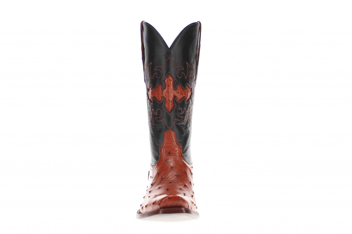 Mens congac leather western boots with narrow square toe and decorative stitching, featuring full-quill ostrich leather on the foot for added texture.