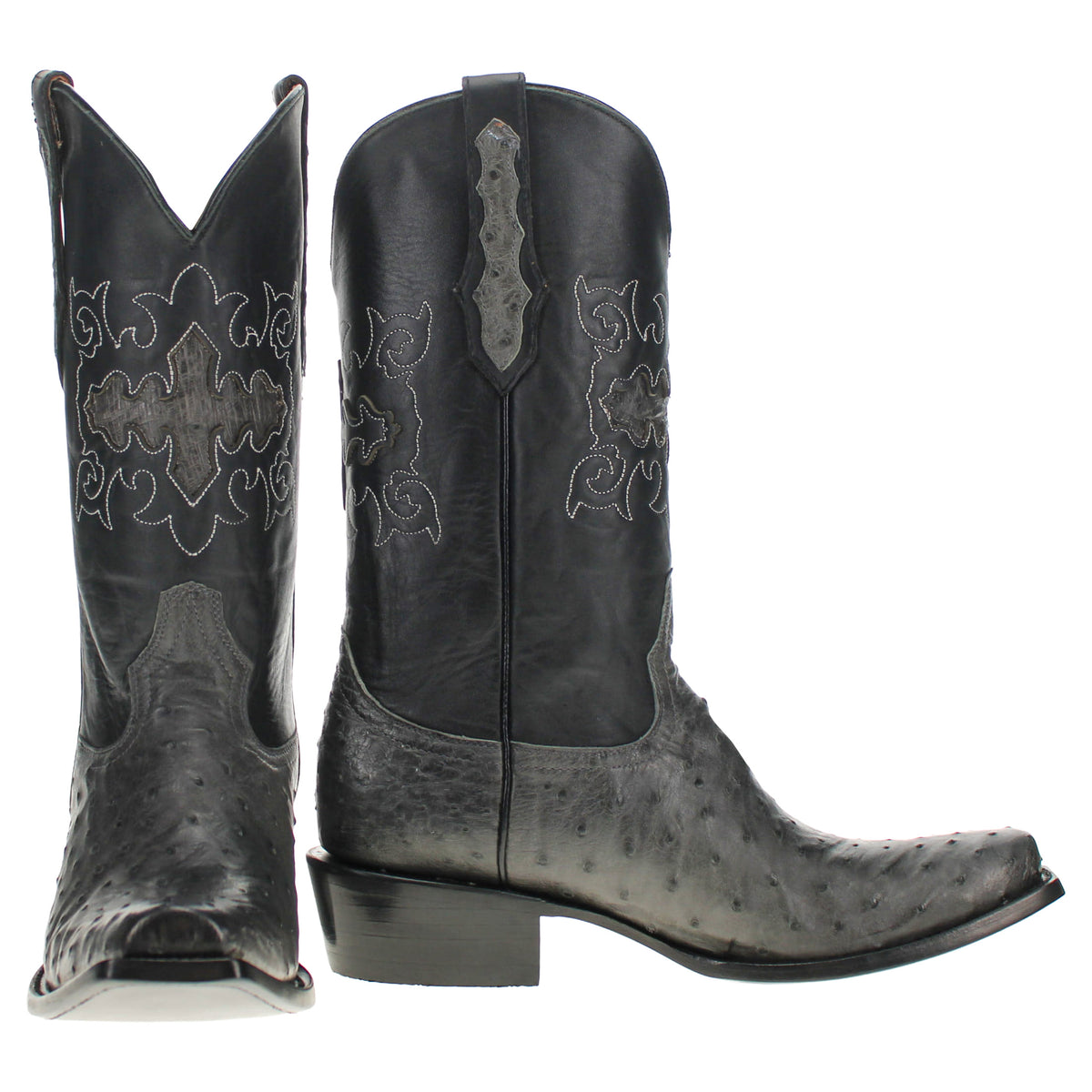 Pair of dark Western boots shown side by side, embroidered shaft and block heel