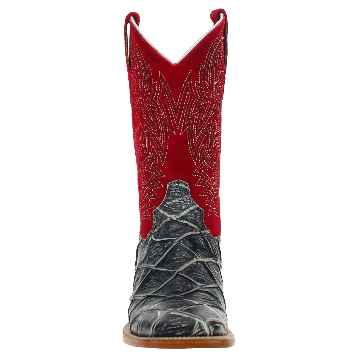 Red and gray cowboy boot with stitched detailing, red collar, and tan-brown sole