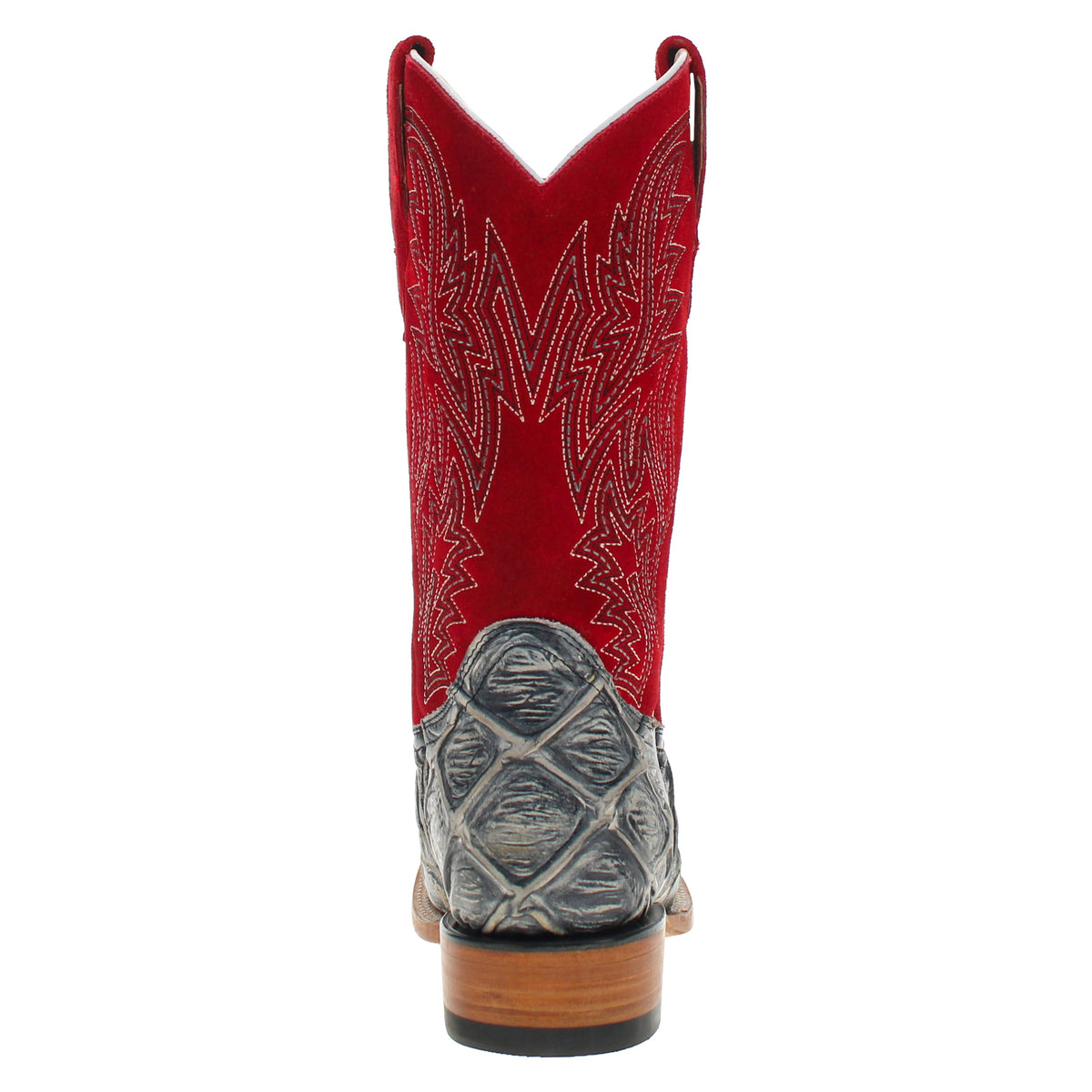 Red cowboy boot with gray patterned shaft panels and tan-brown stacked heel base