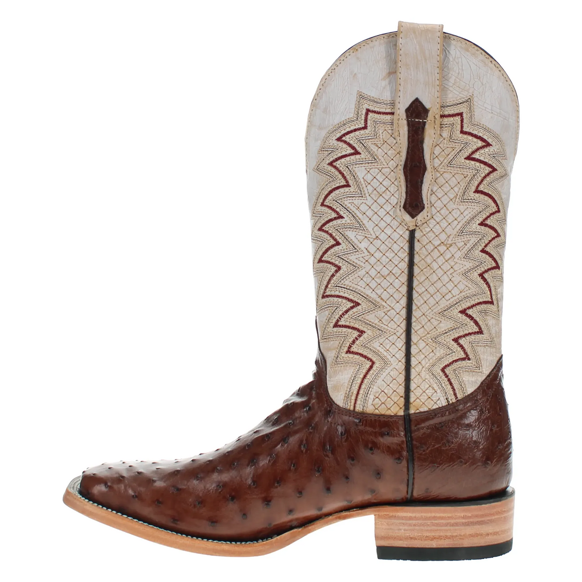 Western boots with cream embroidered shaft and brown textured toe, low block heel