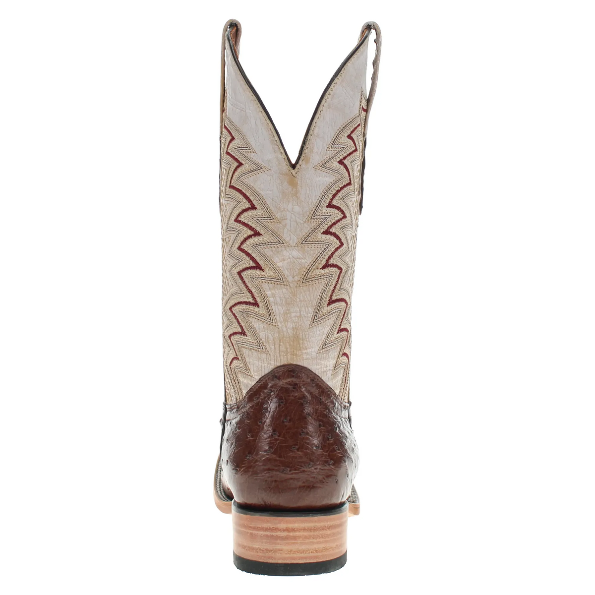 Western boots with cream embroidered shaft, brown toe and heel, stacked sole