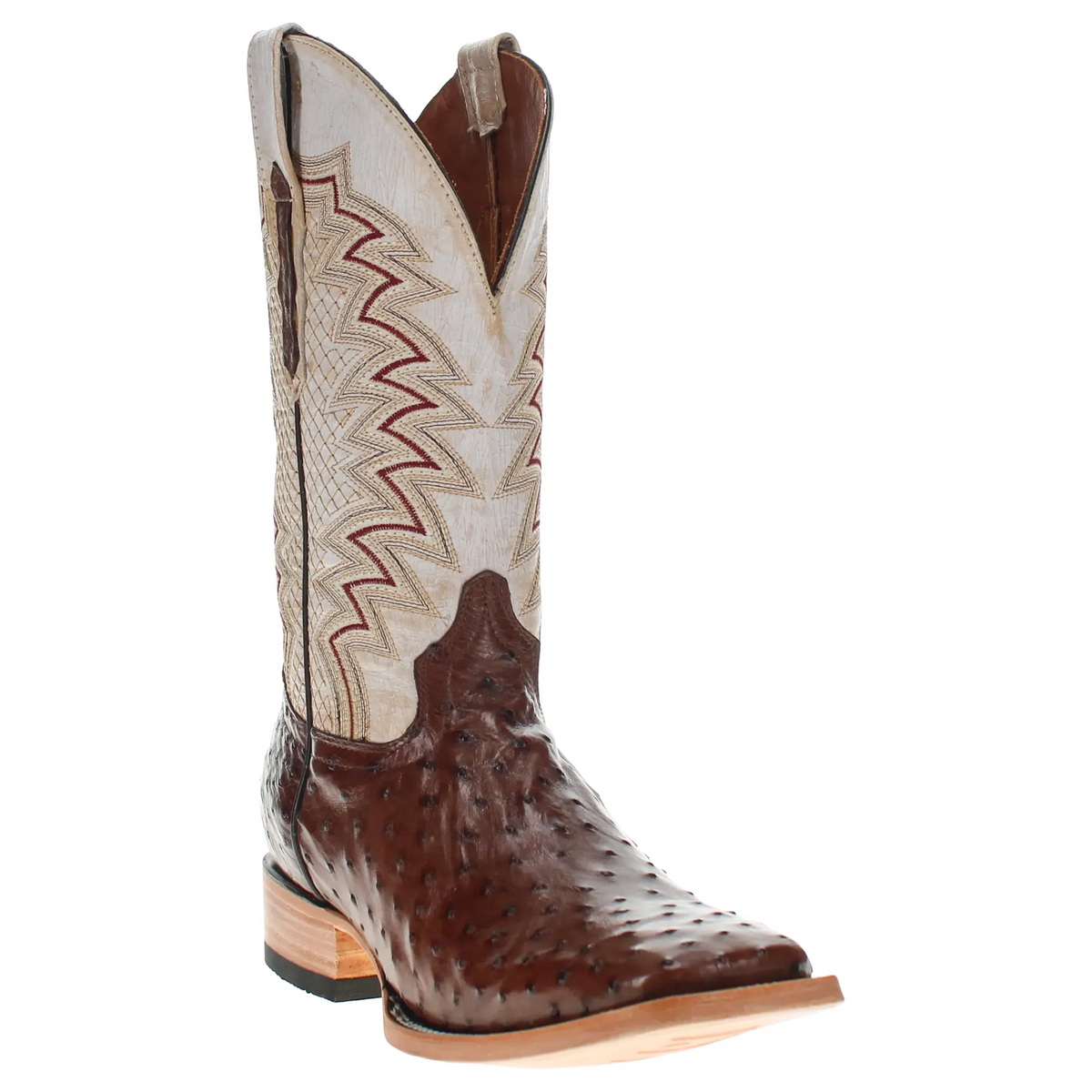 Western boots with cream embroidered side panels and brown textured toe and shaft