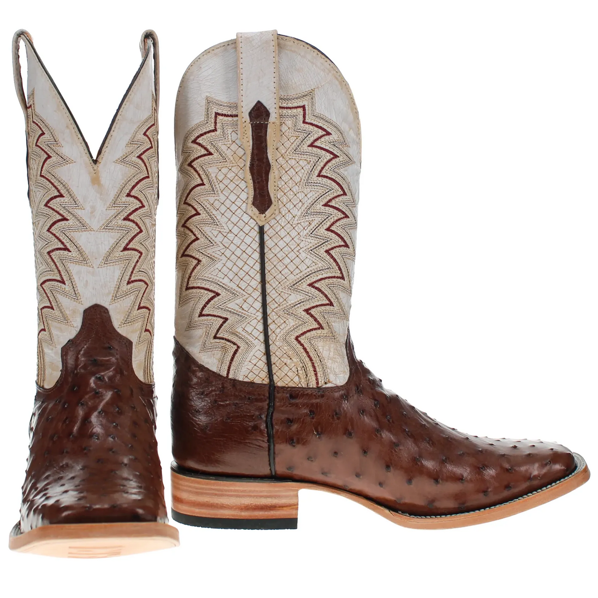 Pair of western boots: one cream embroidered, one brown textured with wood sole
