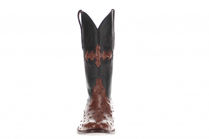 Mens mocha leather western boots with round toe and decorative stitching, featuring full-quill ostrich leather on the foot for added texture.