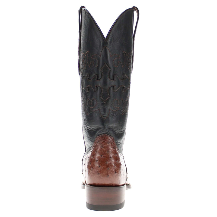 Mens mocha leather western boots with round toe and decorative stitching, featuring full-quill ostrich leather on the foot for added texture.