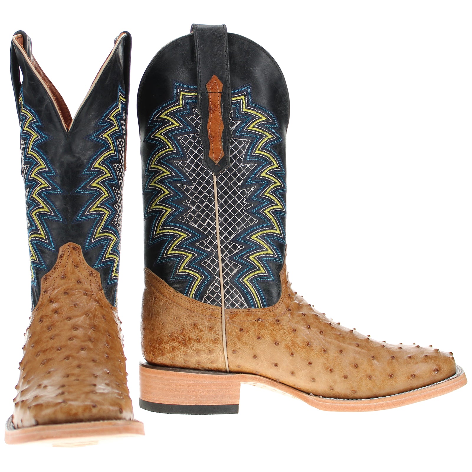 Mens Vaccari Saddle Tan Full Quill Ostrich Broad Square Toe Boots