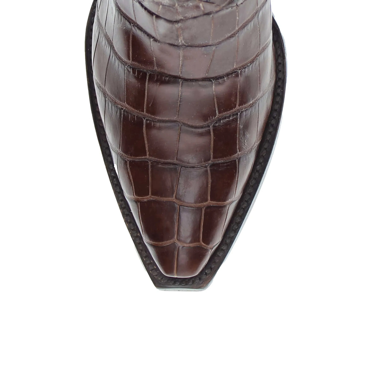 Close-up of mocha alligator belly cowboy boot toe and stitched trim
