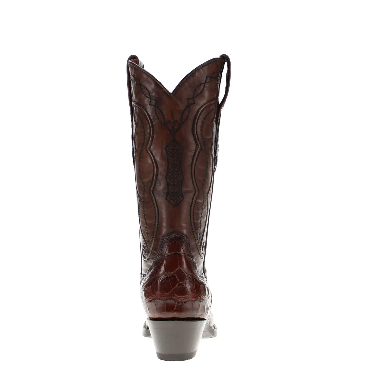 mocha alligator belly cowboy boot heel view with snip toe, stitched shaft detail, and block heel