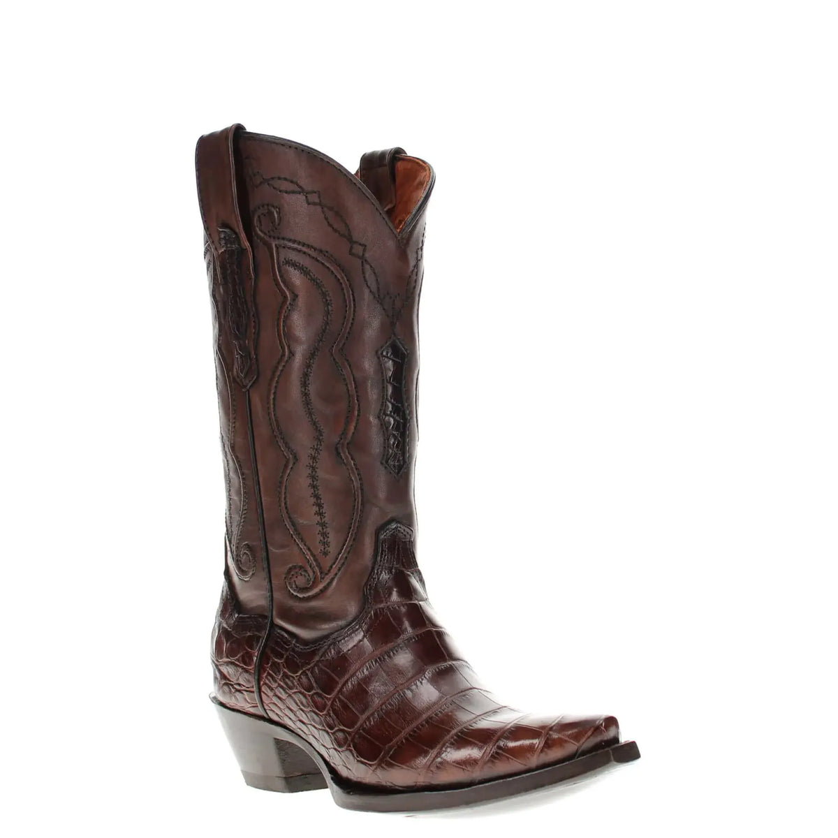 mocha alligator belly western cowboy boot with stitched shaft