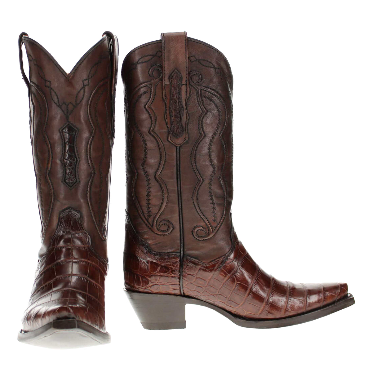 Brown leather cowboy boots with ornate stitching and stacked heel
