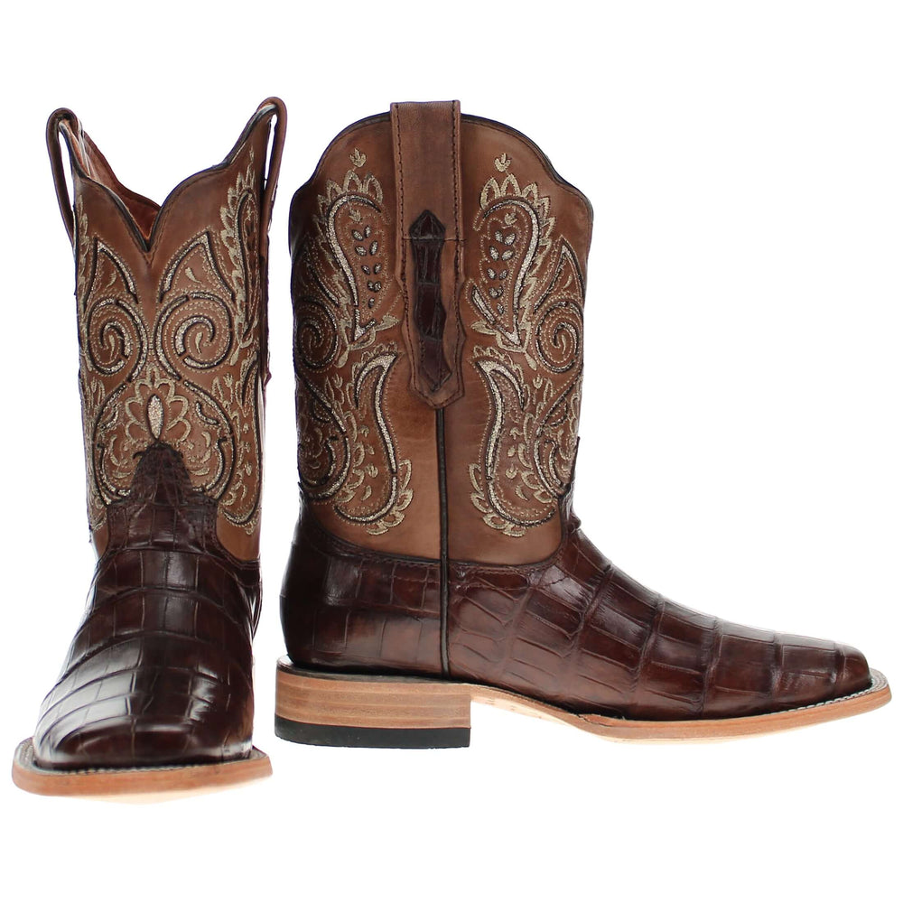 Womens Brown American Alligator Belly Tail Western Square Toe Boots with Decorative Top by Vaccari