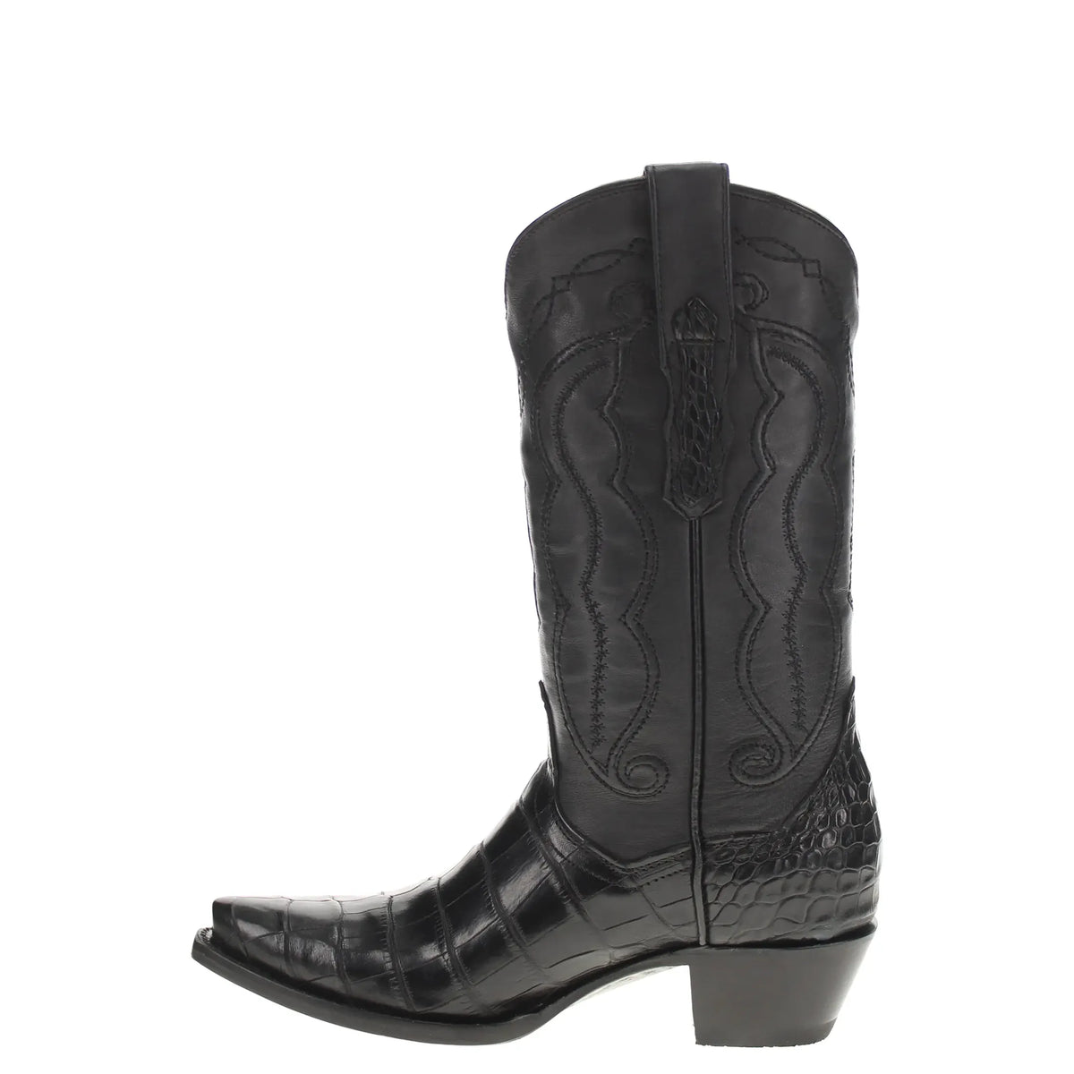 Black alligator belly cowboy boot side view with tall shaft, western stitching and block heel.