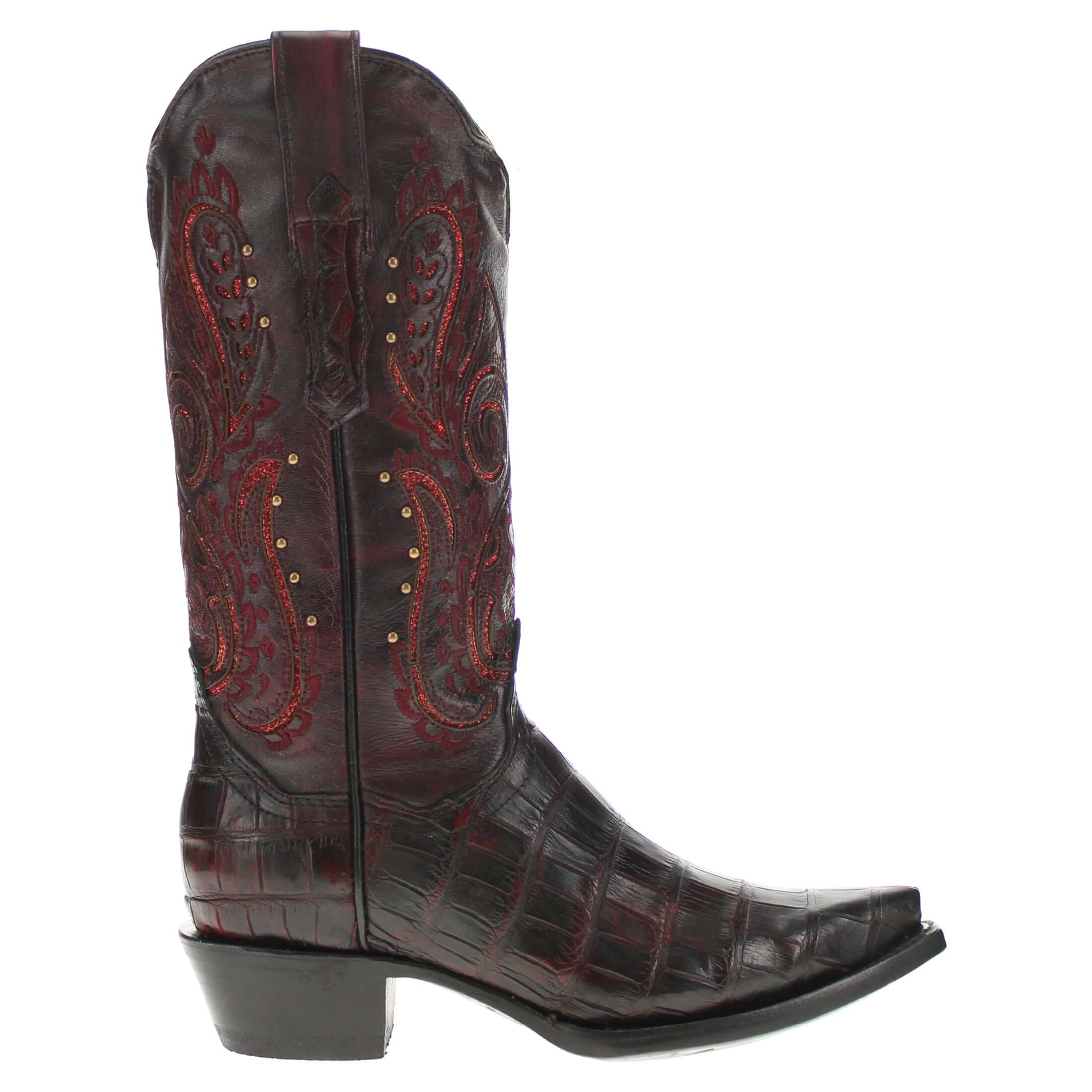 Women's Black Cherry American Alligator Belly Boots with Inlays by Vaccari