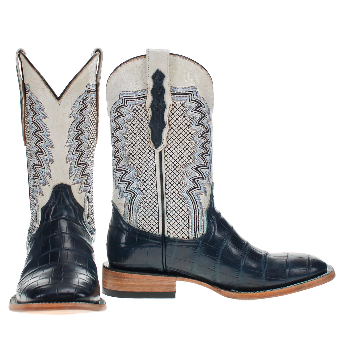 Pair of Western cowboy boots, cream shafts with blue zigzag stitching and black uppers