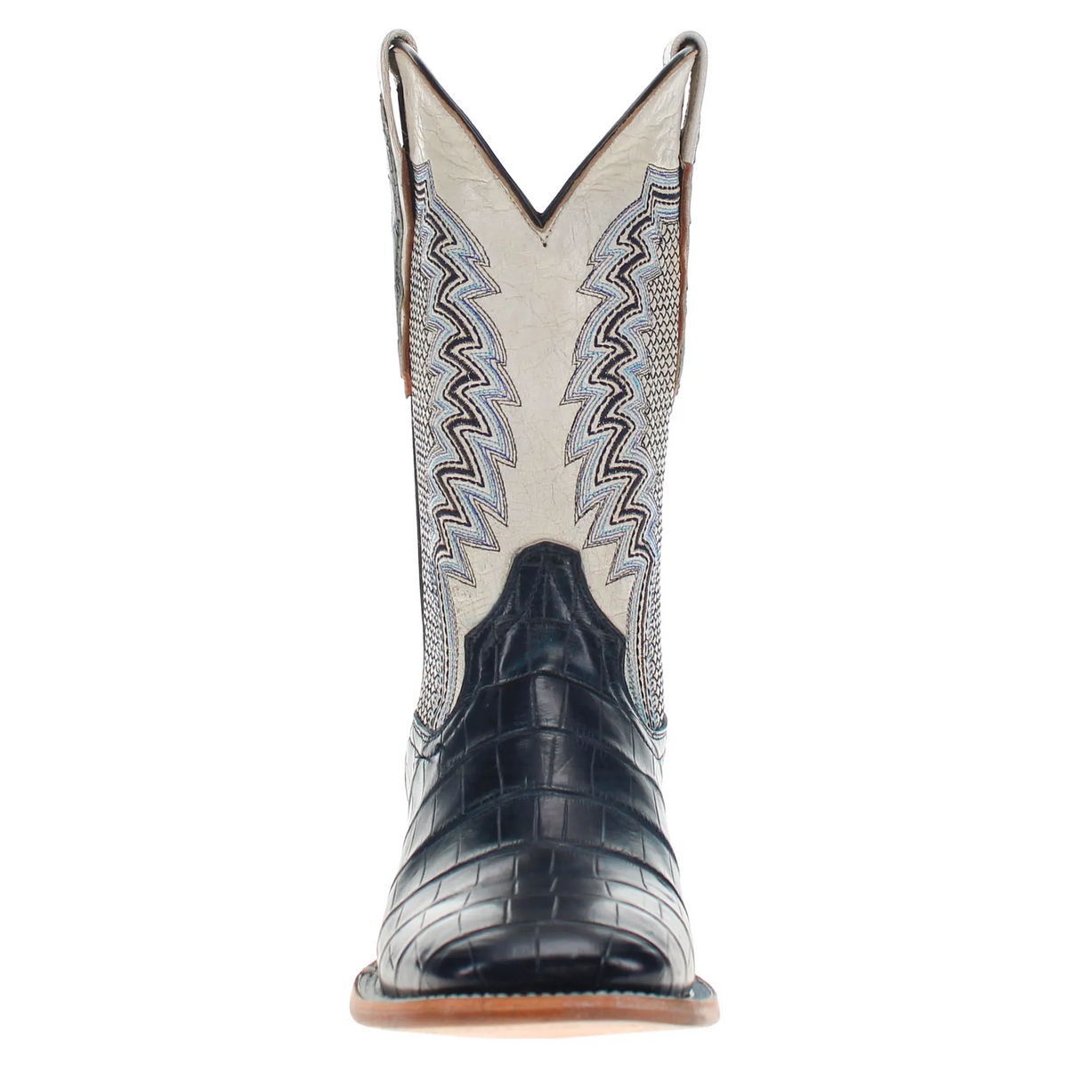 Western cowboy boots with cream shaft and blue zigzag panels, black leather foot