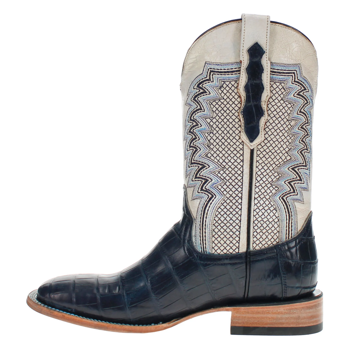 Western cowboy boot profile with cream shaft, blue zigzag detailing, black leather foot