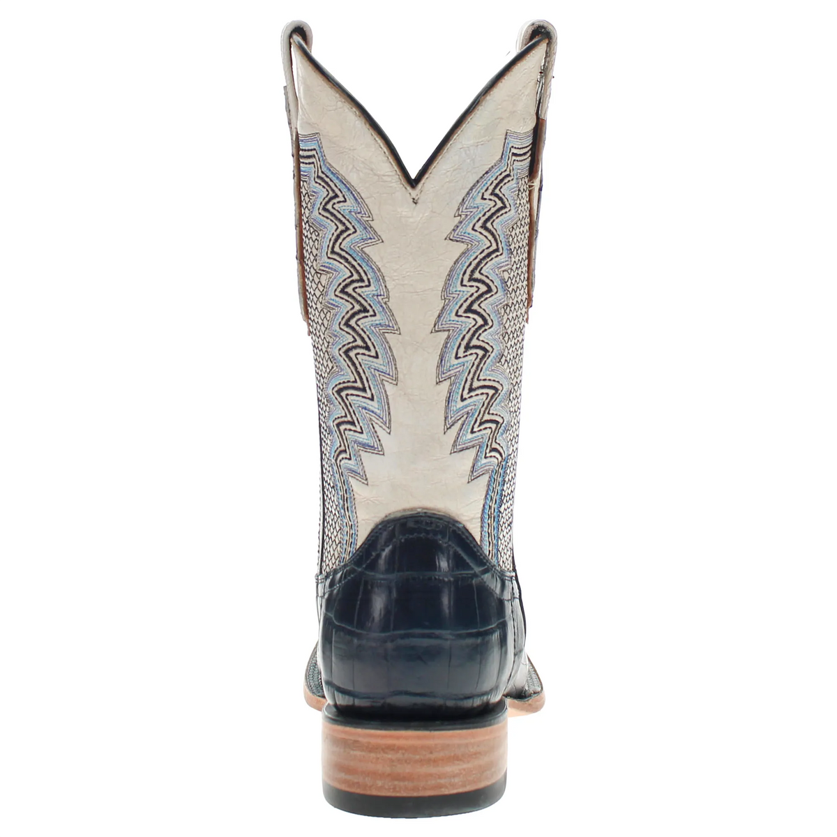 Western cowboy boots with cream shaft, blue zigzag stitching, black toe and heel