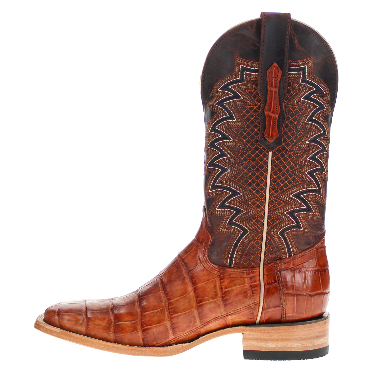 Cognac cowboy boot showing detailed shaft embroidery, pull-on style and flat sole