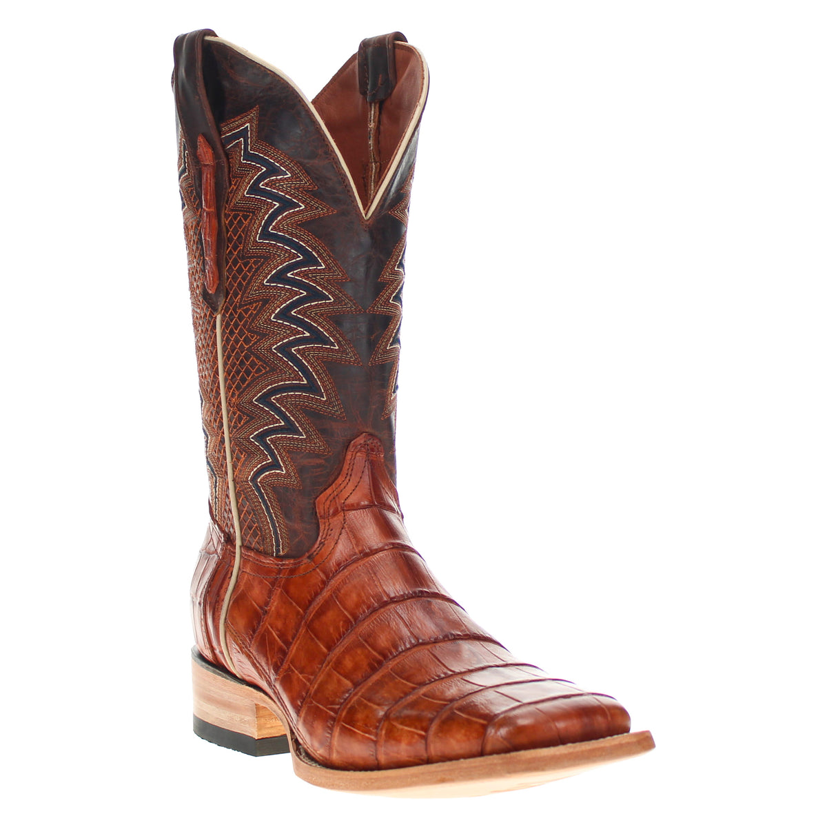 Cognac brown cowboy boot with stitched western panels, crocodile-style texture, low heel