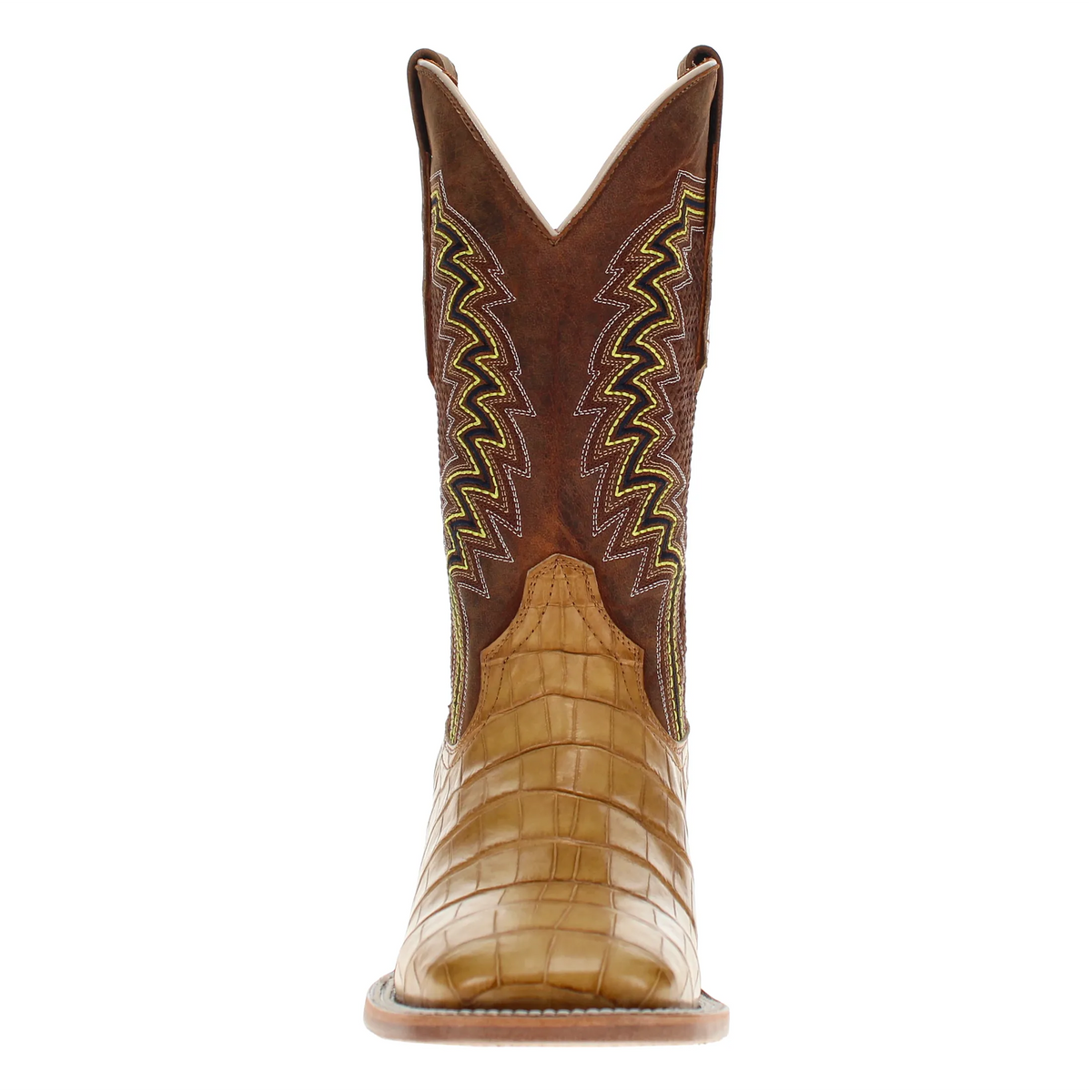 Western cowboy boot with dark brown shaft, zigzag yellow trim, tan pointed toe