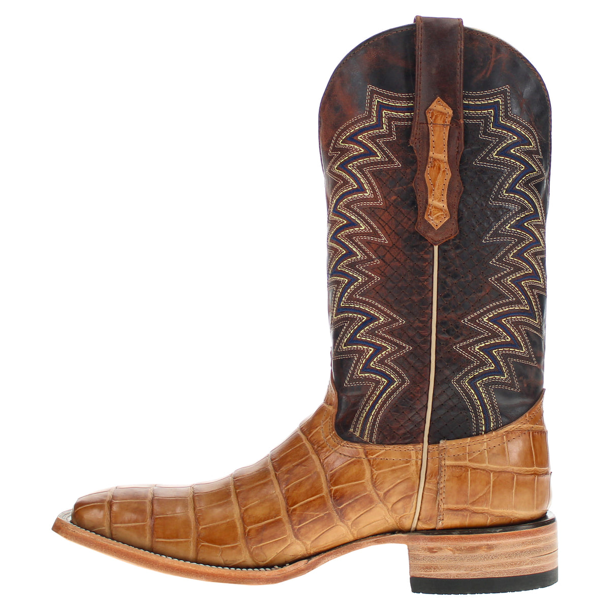 Tan and brown western cowboy boot with zigzag panel on tall shaft and tan foot