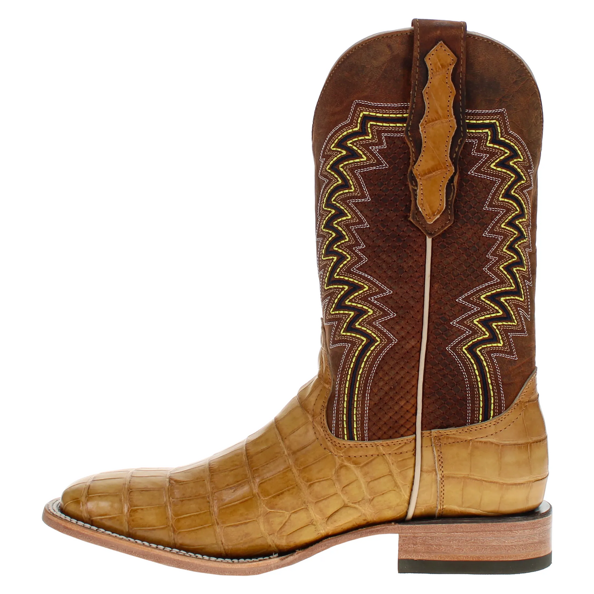 Western cowboy boot with tan foot and dark brown shaft, zigzag yellow trim