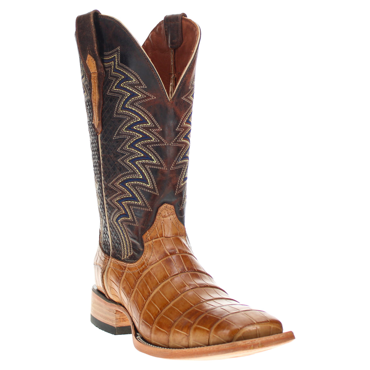 Western cowboy boot with tan croc foot and dark brown shaft with zigzag trim