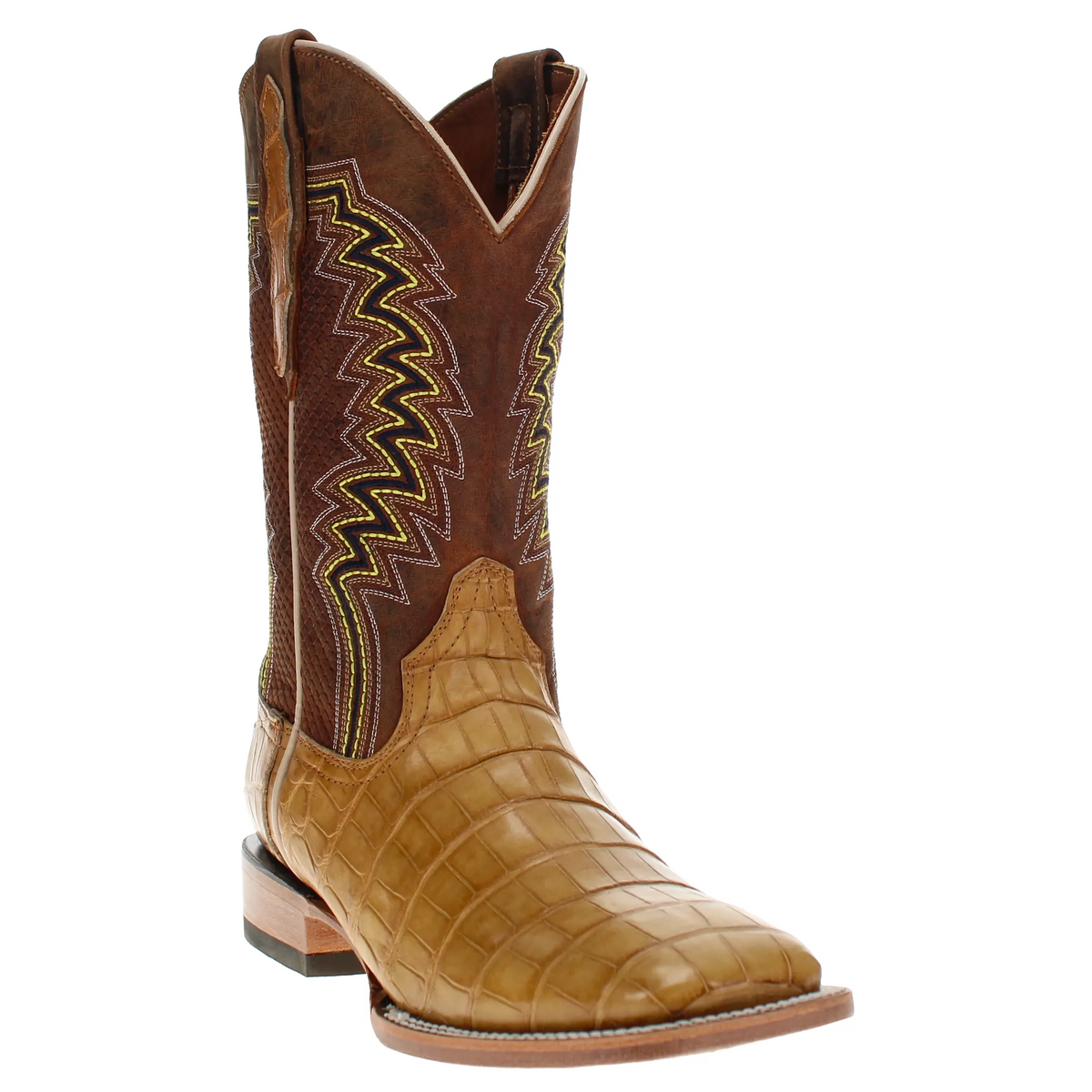 Western cowboy boot with dark brown shaft, tan foot, and stacked leather heel
