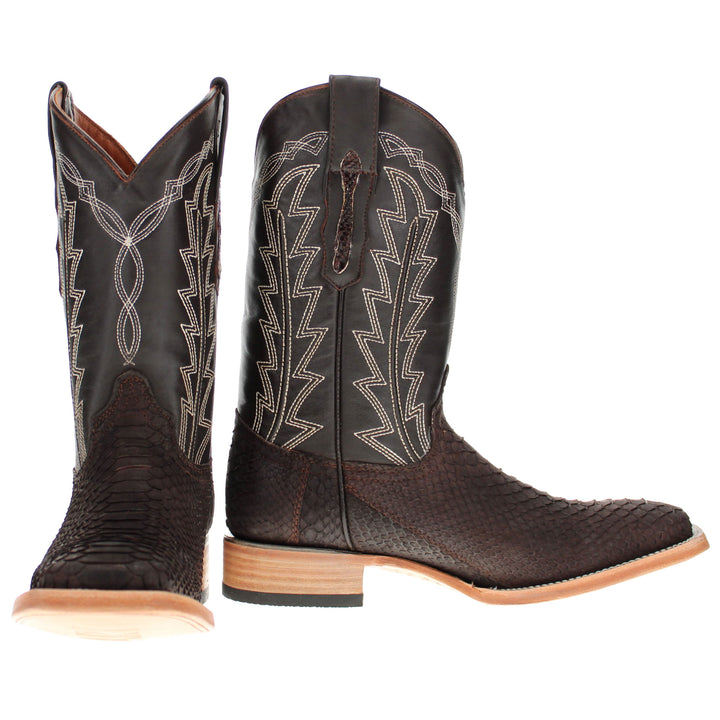 Mens Brown Python Snake Leather Square Toe Cowboy Boots by Vaccari