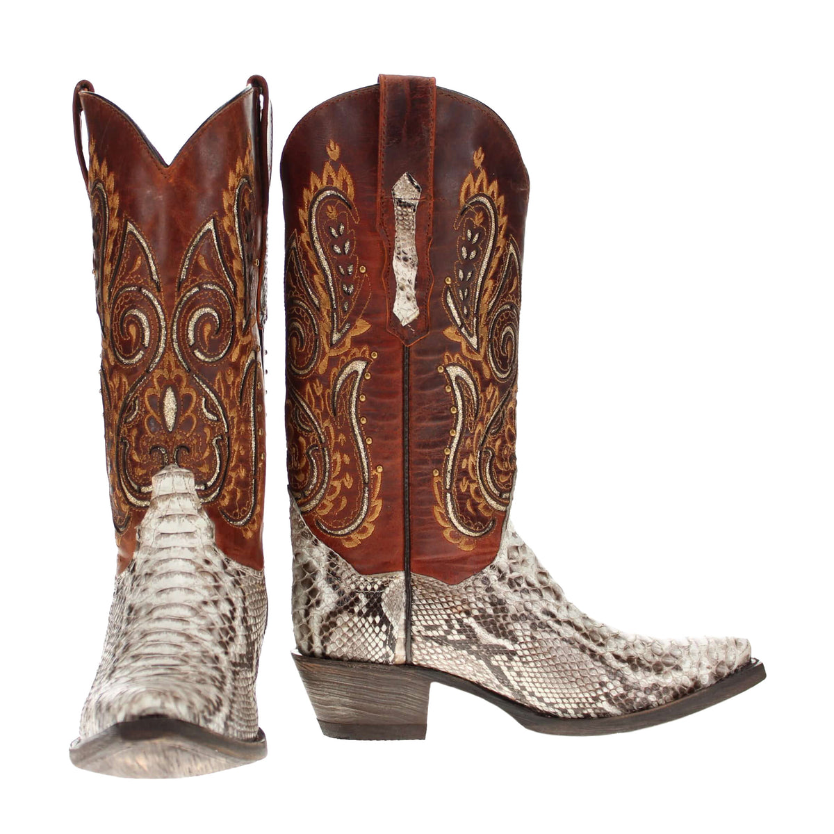 Brown cowboy boots with ornate embroidery and white snakeskin-style panels