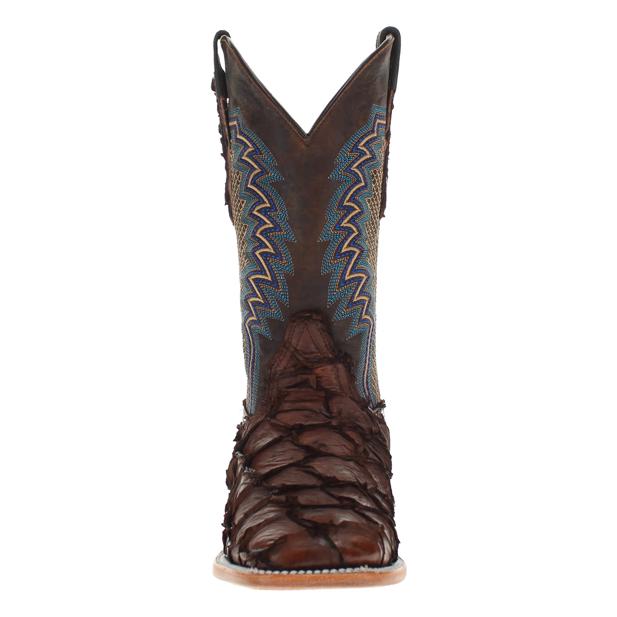 Dylan western boots, brown leather with blue zigzag embroidery on the shaft