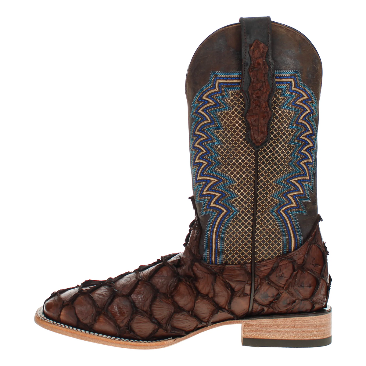 Brown cowboy boots with blue zigzag inlays, textured shaft panels, and block heel