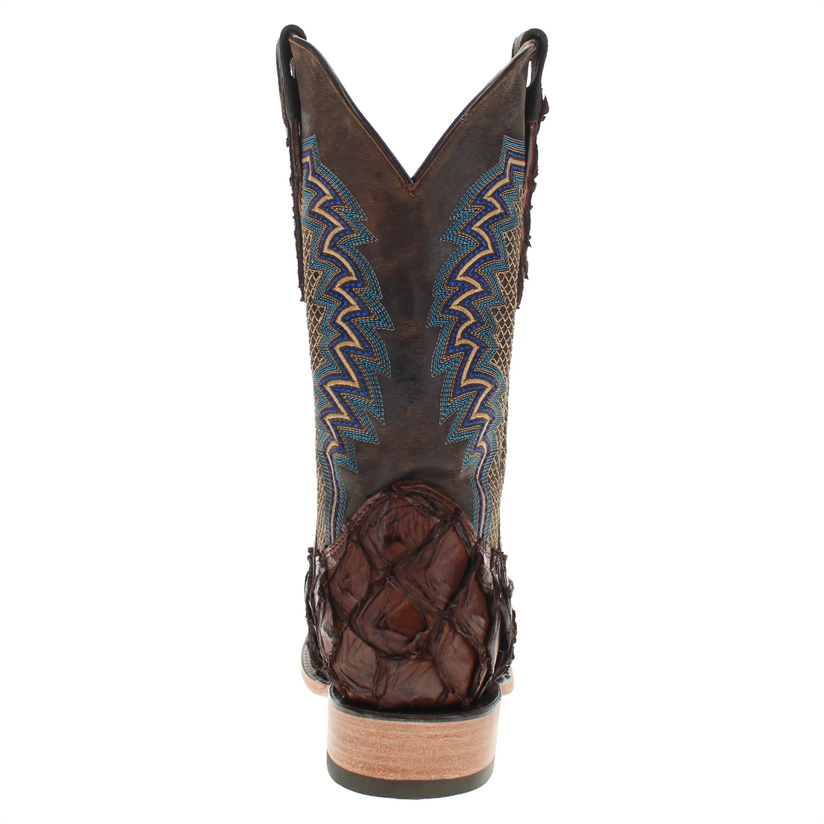 Brown western boots with blue zigzag embroidery on back shaft and stacked block heel