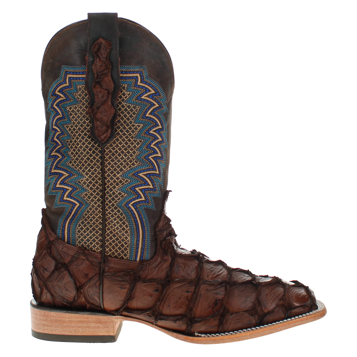 Brown western boots with blue zigzag inlays on shaft, textured toe, and block heel