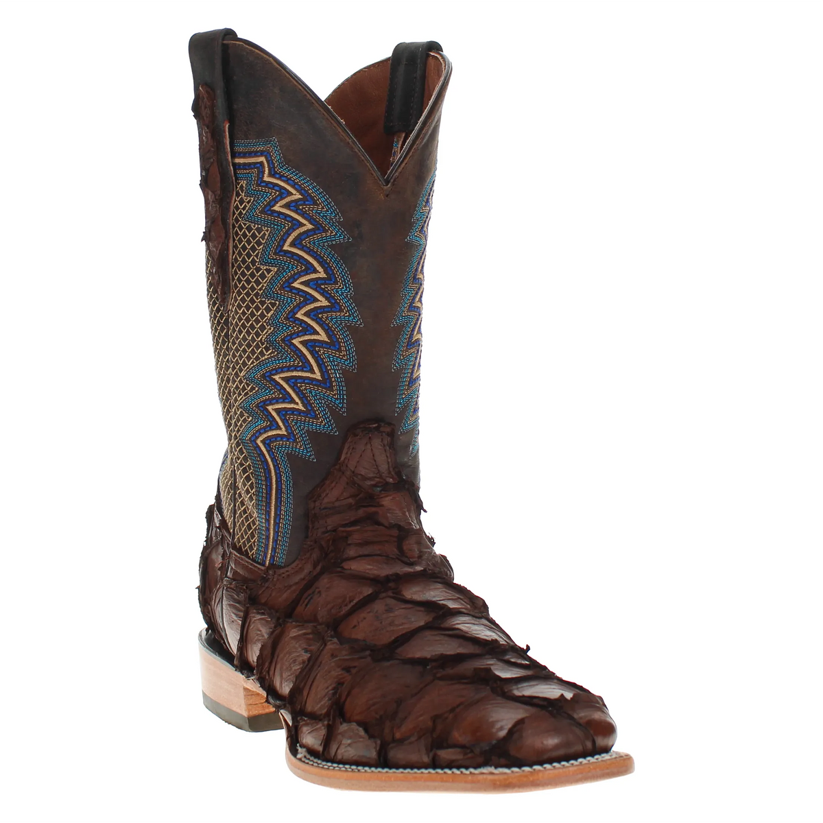 Brown cowboy boots with blue zigzag embroidery, side profile and roper-style toe