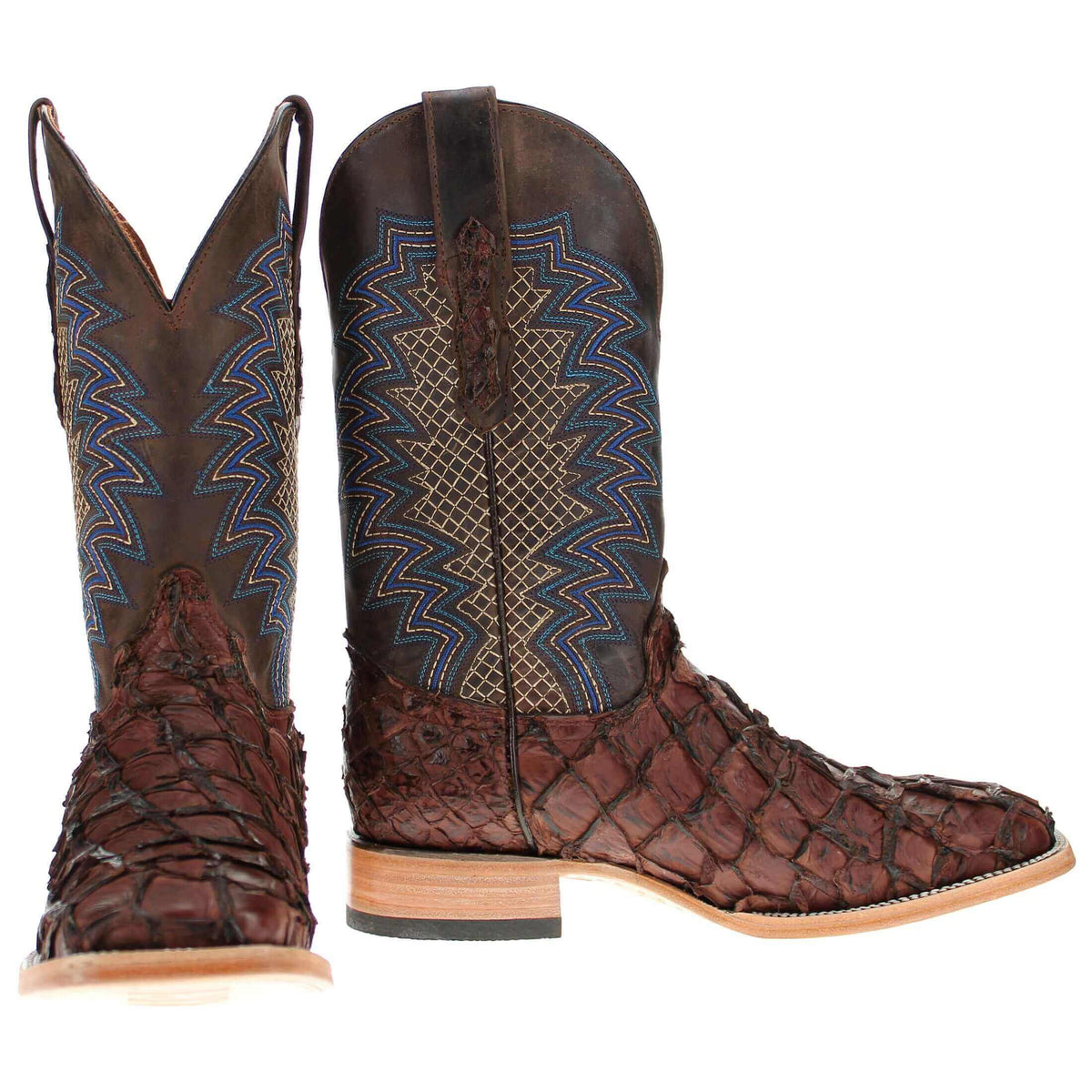 Pair of brown western cowboy boots, side view, with blue zigzag embroidery
