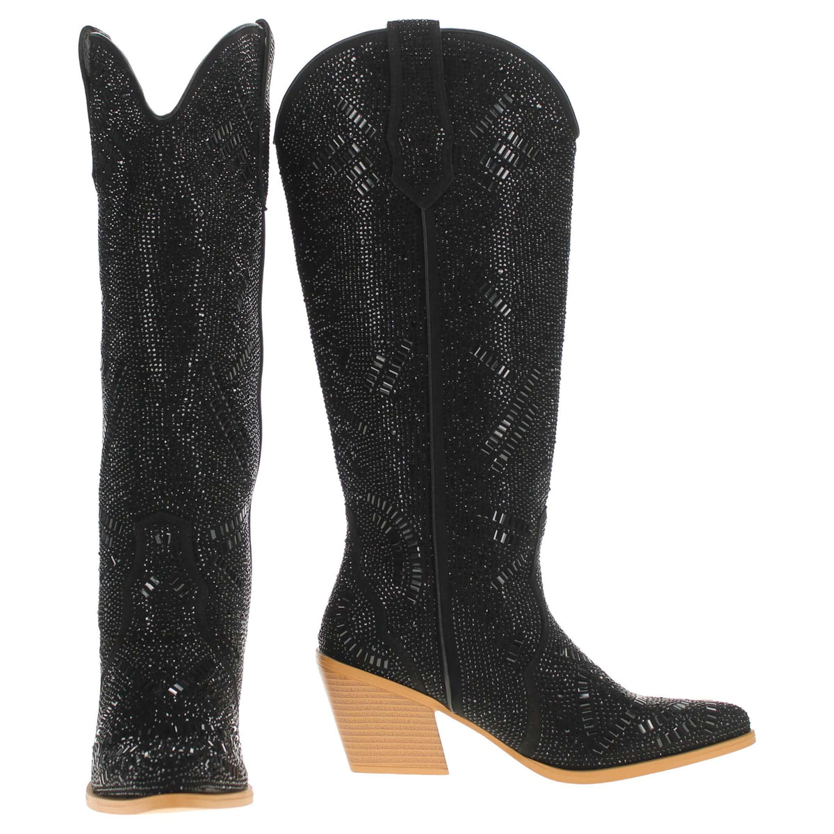 Pair of black cowboy boots with pointed toes and tan stacked heels, full view