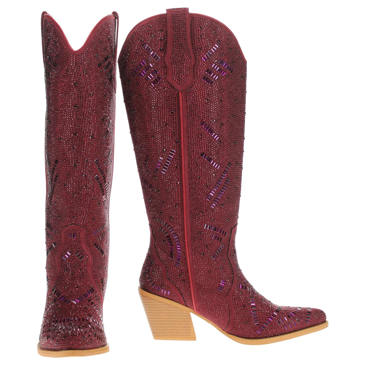 Pair of burgundy cowboy boots with pointed toe, textured shaft, and stacked low heel