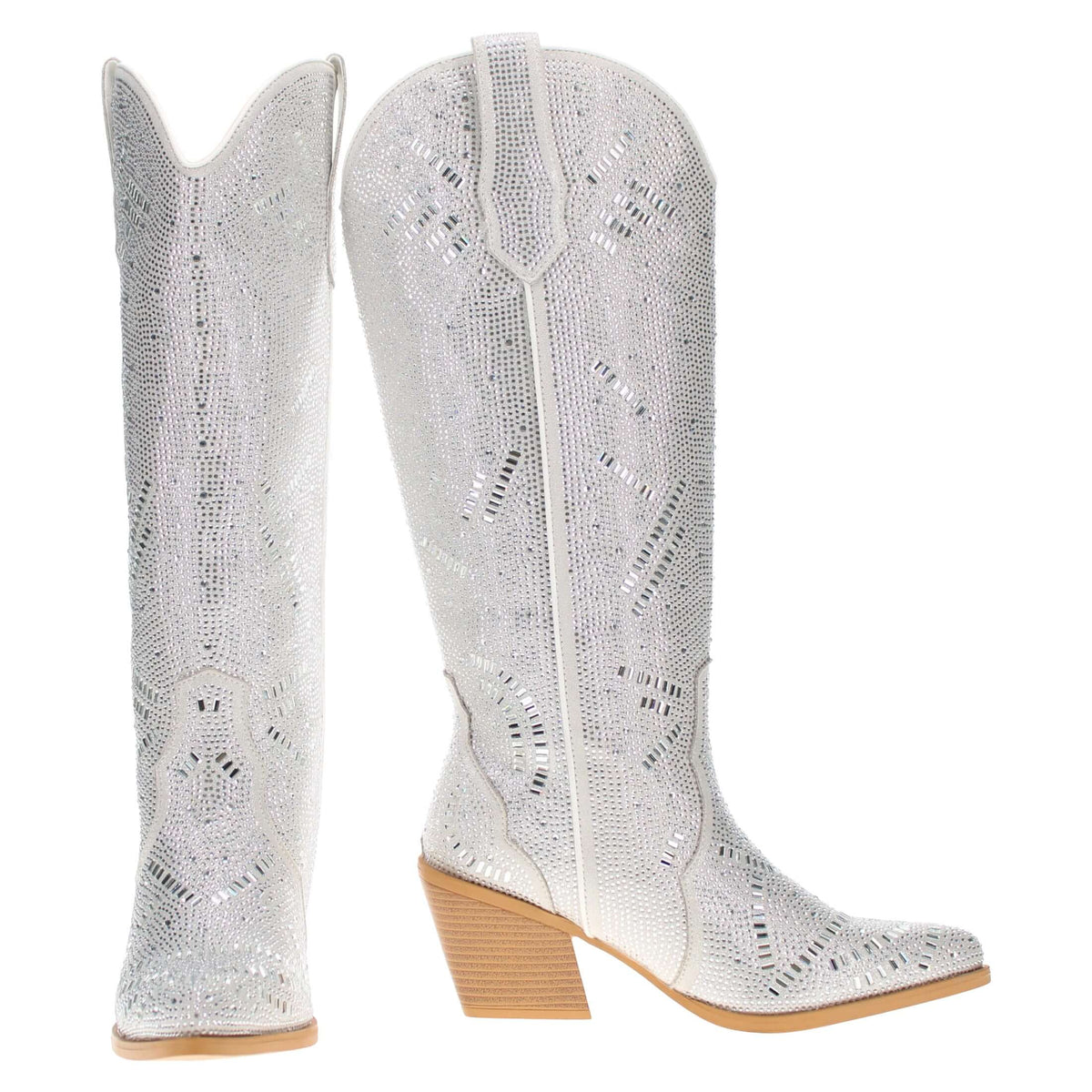 Pair of white embroidered pull-on cowboy boots with pointed toe and tan stacked heel