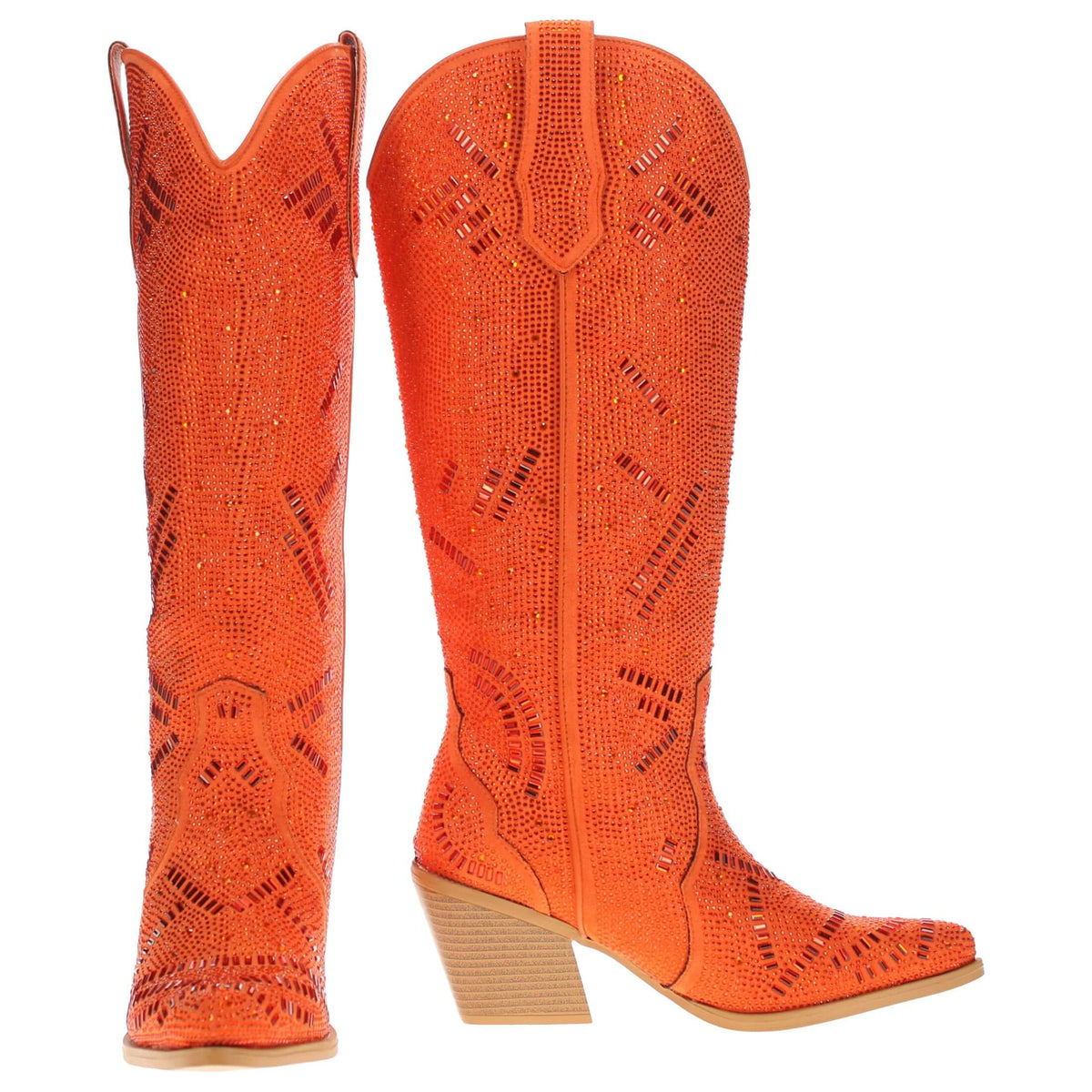 Pair of orange tall cowboy boots with textured stitching, pointed toes, and stacked heels