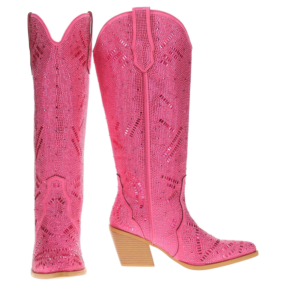 Pair of hot pink cowboy boots, pointed toe and textured shaft with V-shaped collar.