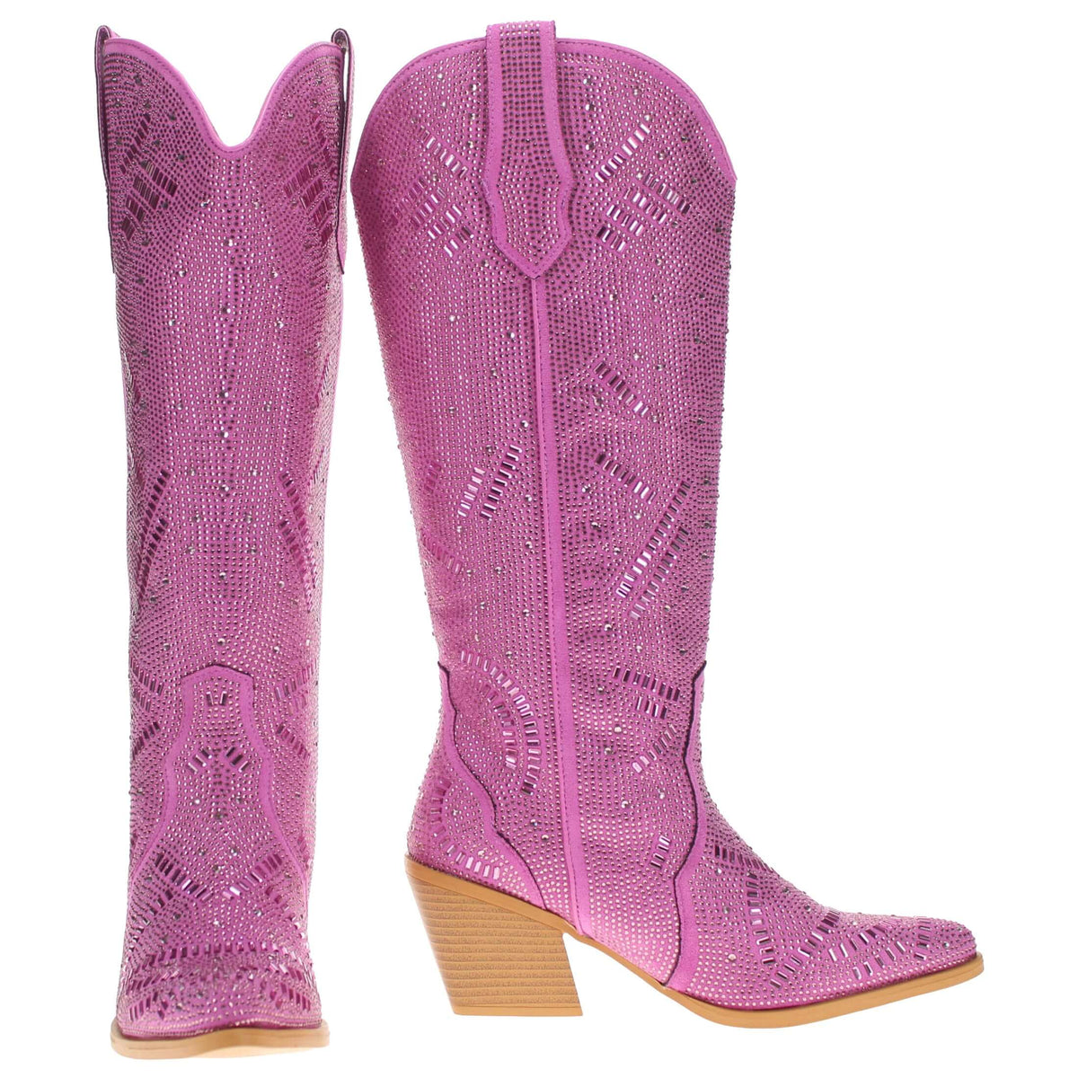 Pair of pink rhinestone cowboy boots, tall shafts with decorative stitching and block heels