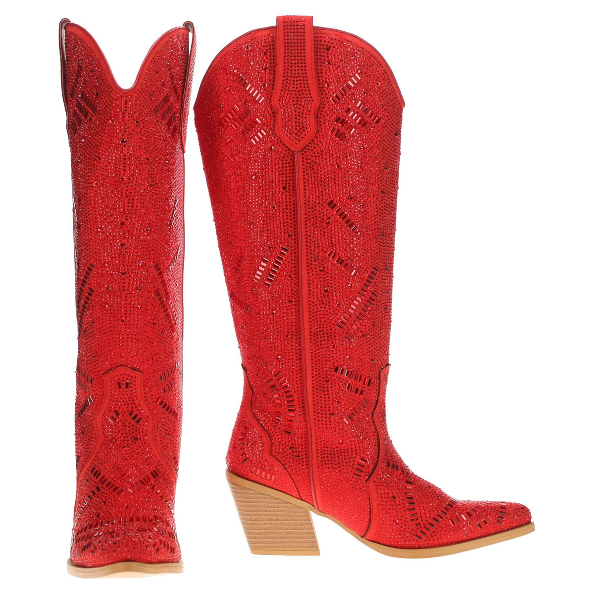 Pair of red sequined cowboy boots, mid-calf height, pointed toe, tan block heel.
