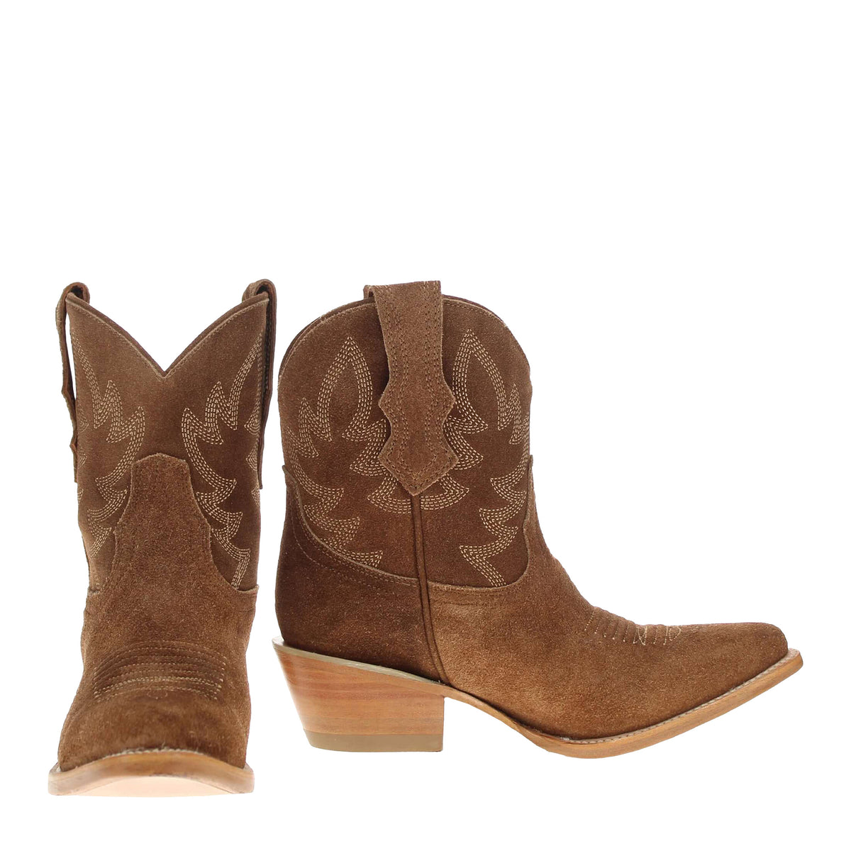 Brown suede cowboy boots, embroidered floral pattern, pointed toe, stacked heel