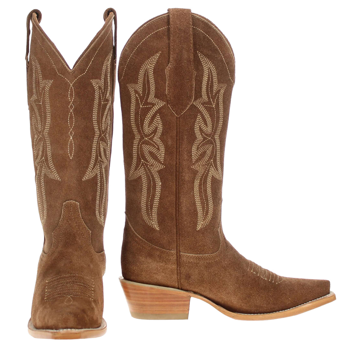 Sloane cowboy boots, brown suede with stitched shaft embroidery