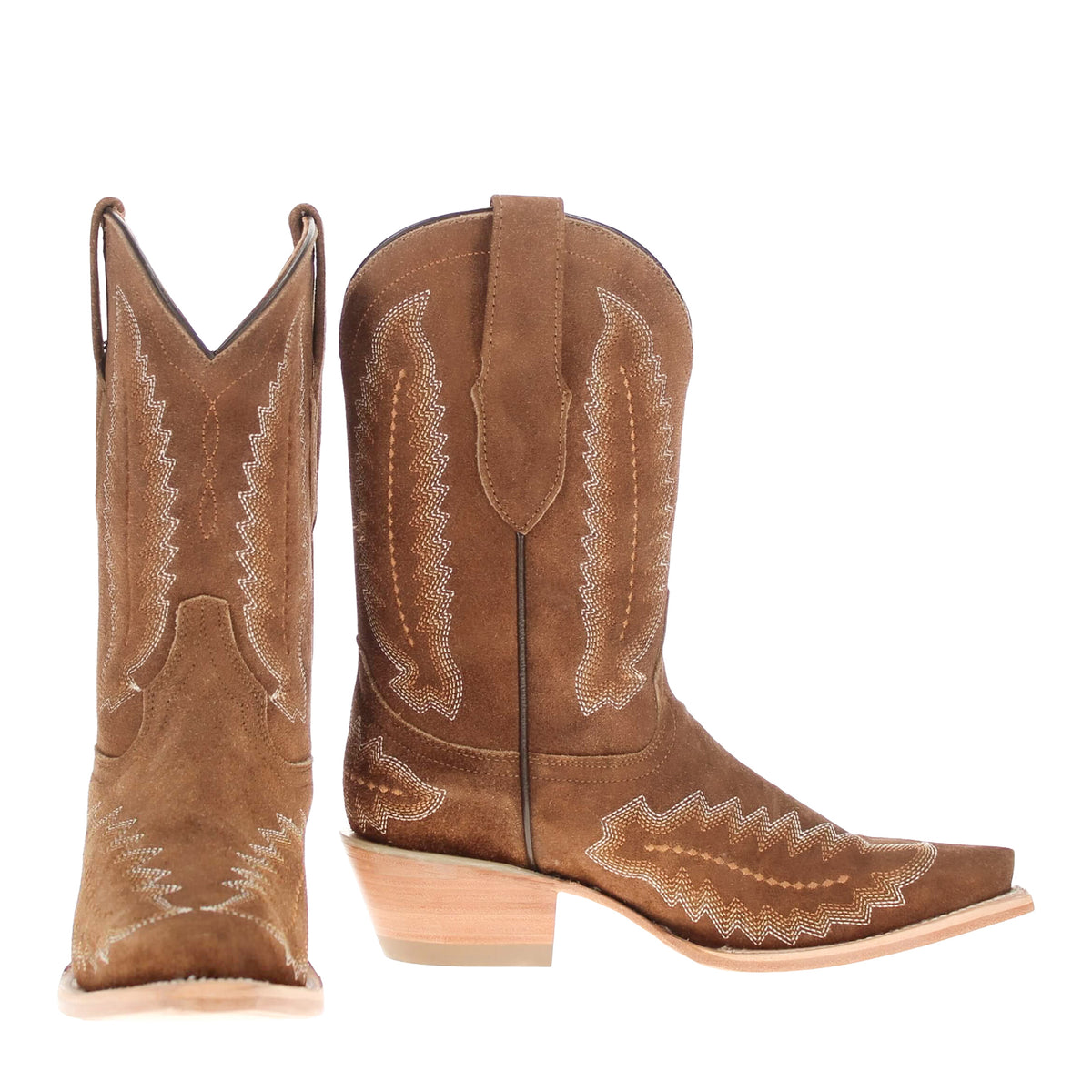Brown cowboy boots with stitched patterns, square toe