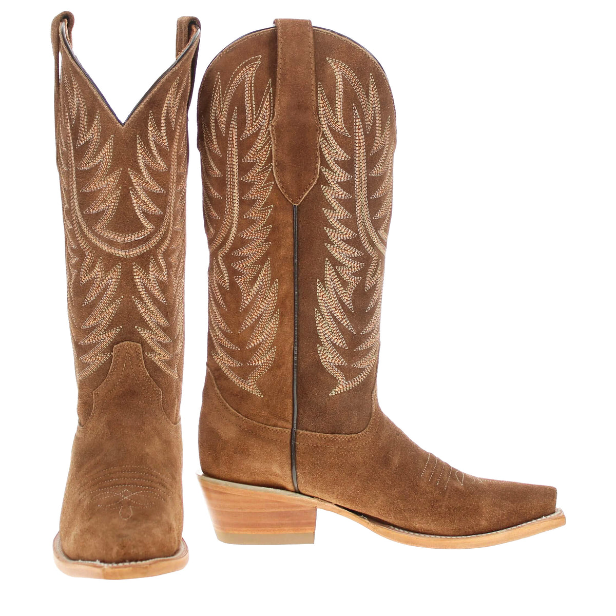 Izzy tan suede cowboy boots with wing embroidery, pointed toe, stacked heel