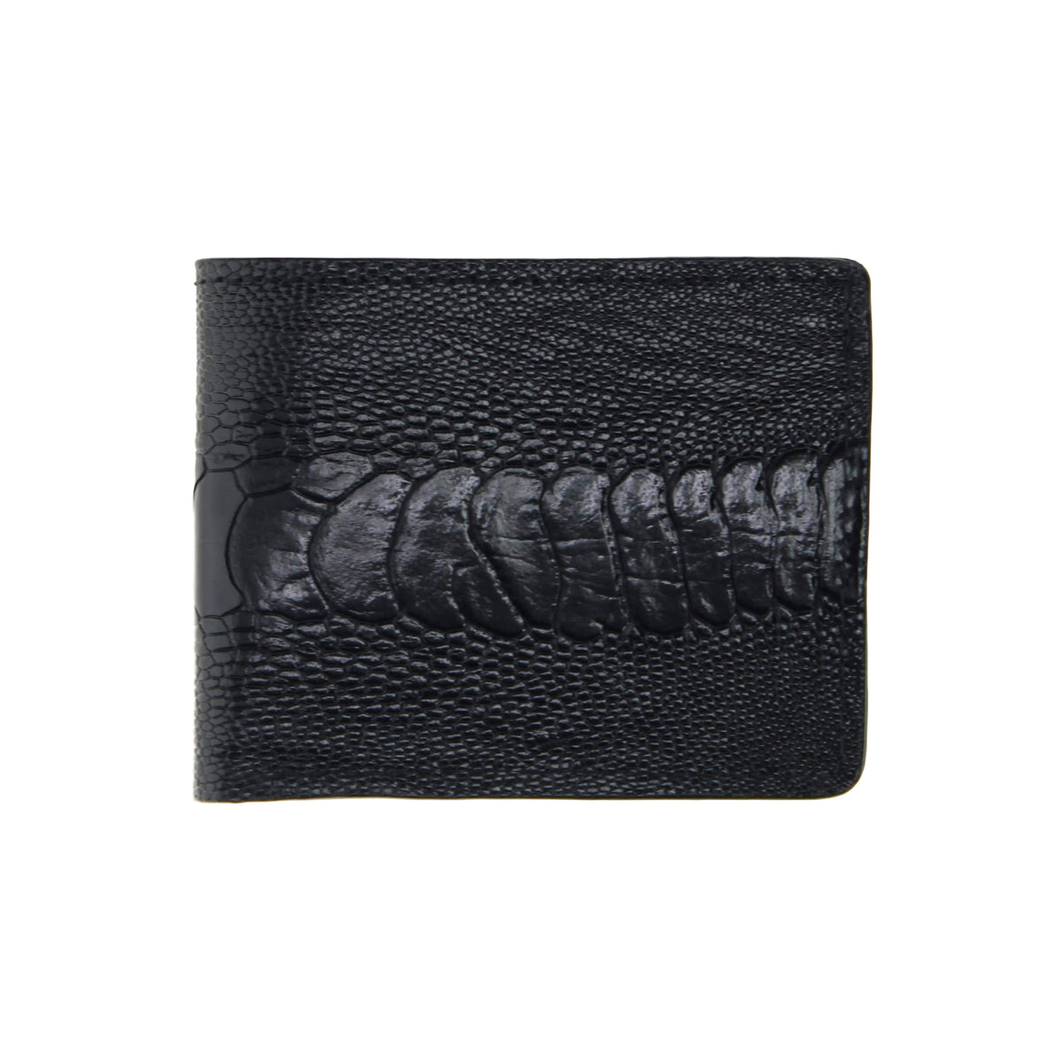 Ostrich leather billfold with dark patterned leg texture front
