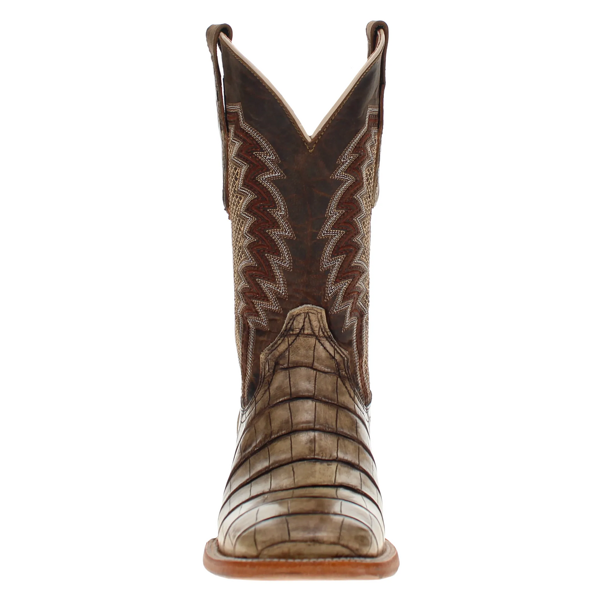 Rear view of brown cowboy boot with stitched shaft and stacked leather panels